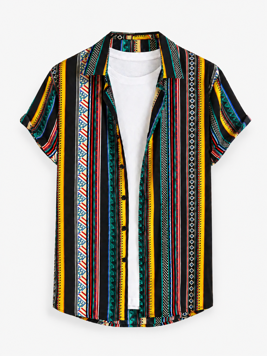Men’s Summer Resort Set – Printed Button-Up Shirt with Stretch Swim Shorts