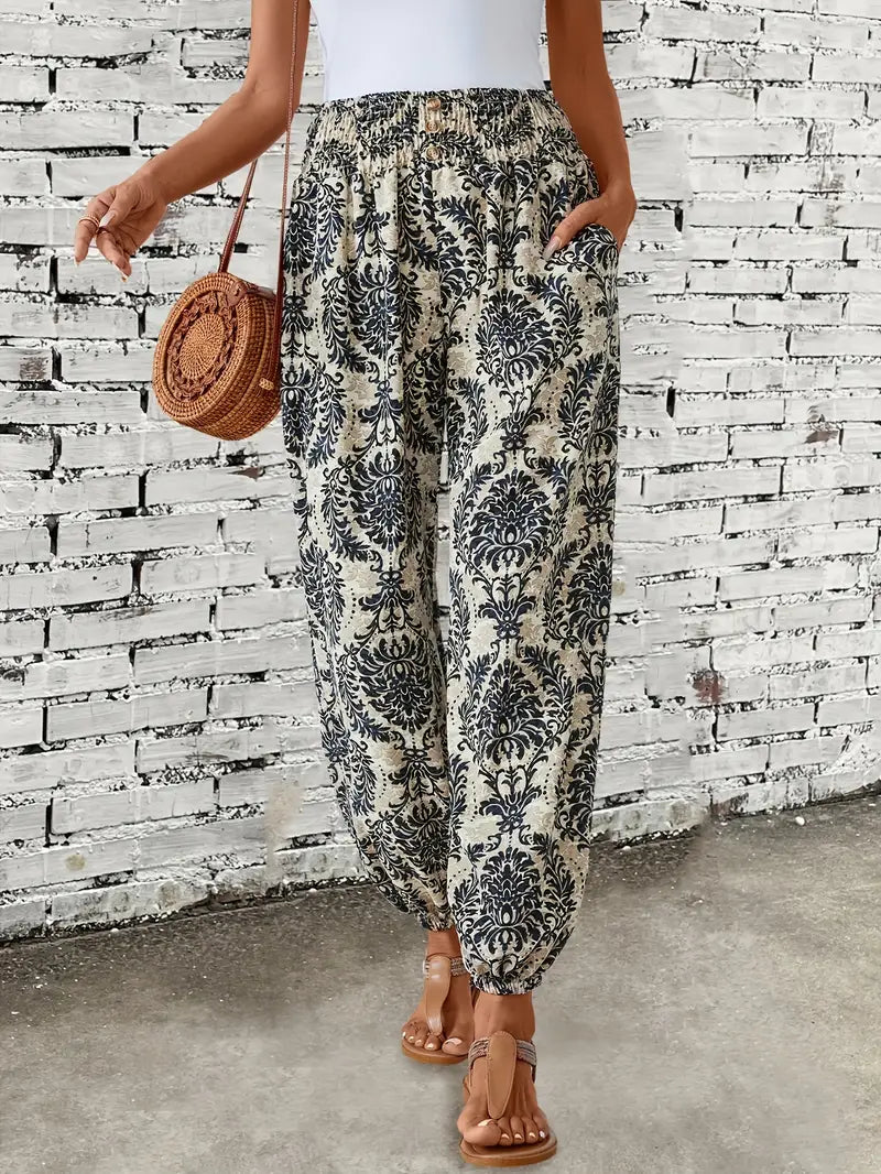 Pantalones anchos de pierna con estampado bohemio para mujer, cintura elástica, pantalones ligeros de verano