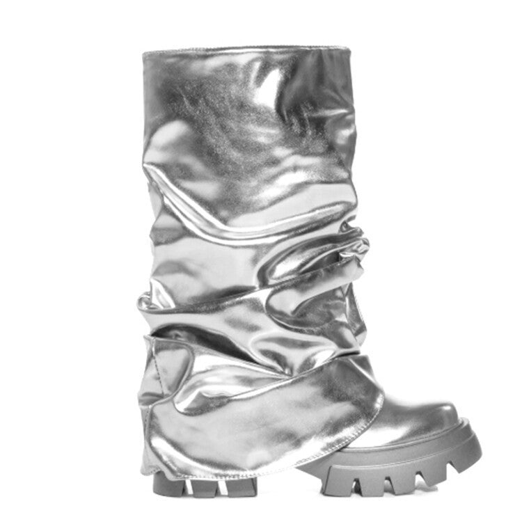 Women’s Metallic Slouch Mid-Calf Boots – Chunky Lug-Sole Statement Boots for City and Festival Wear