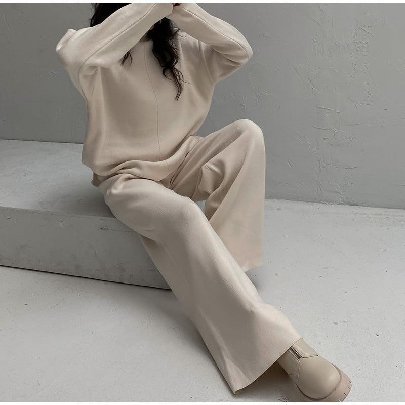 Dameszachte gebreide tweedelige loungewearset – Ontspannen coltrui en wijde broek voor herfst en winter