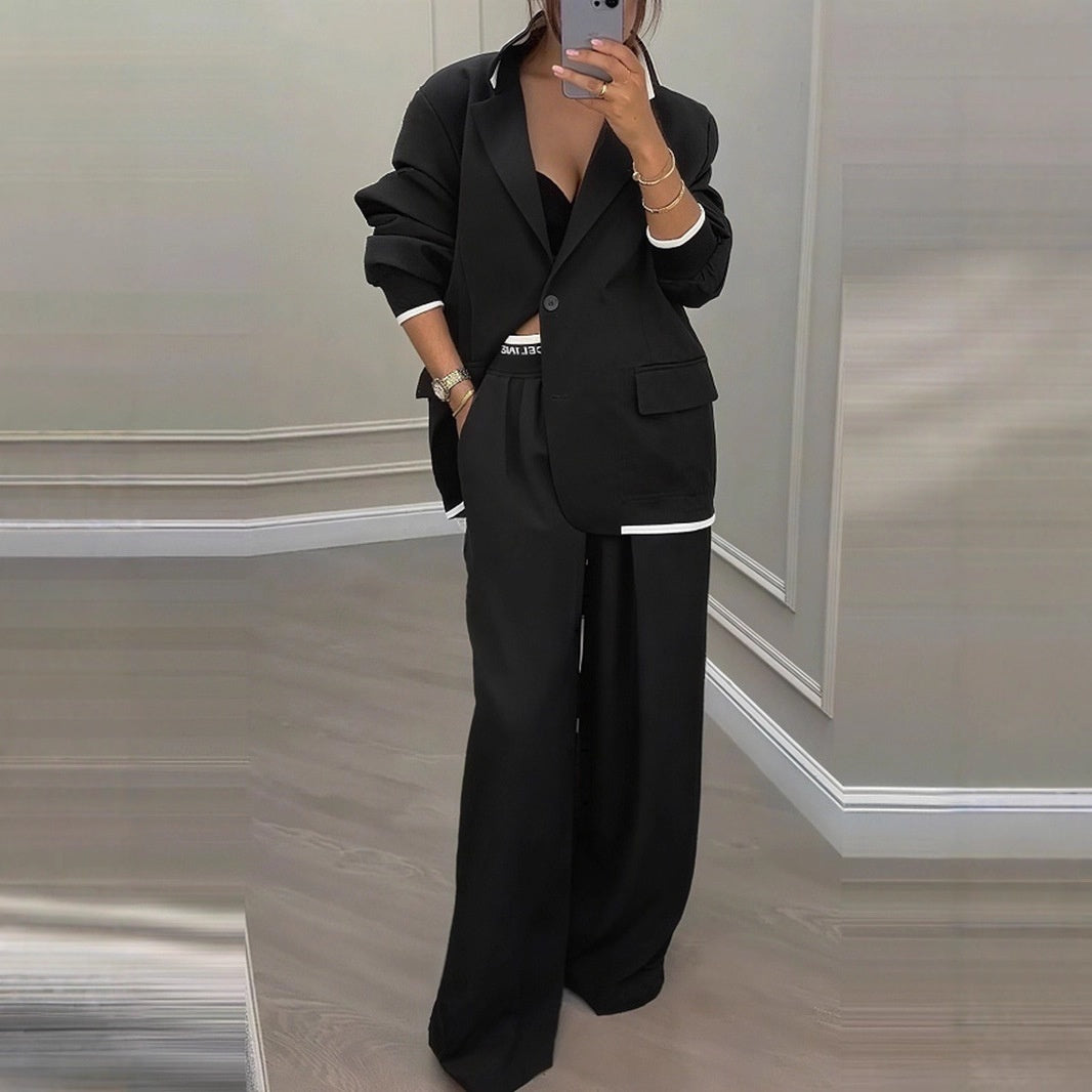 Elegante getailleerde blazer en broekpak voor dames met wijde pijpen - losvallende formele tweedelige outfit voor kantoor en gekleed casual