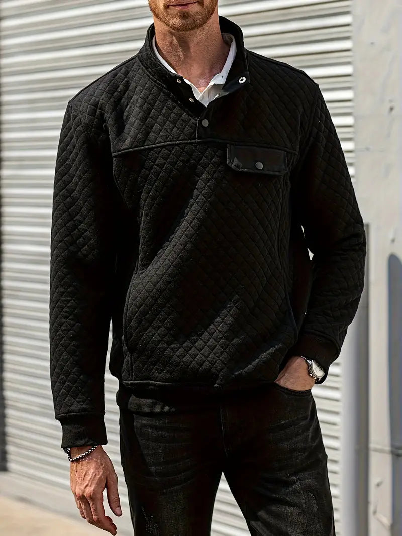 Herres quiltede pullover med knaplukket ståkrave