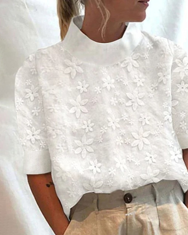 Dámská halenka s vysokým límcem – krátký rukáv, potištěný top pro elegantní ležérní styl