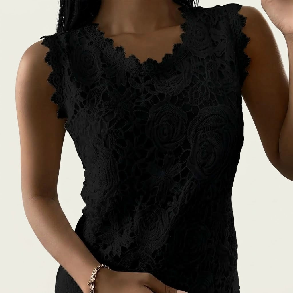 Women’s Sleeveless Lace Blouse – Elegant Openwork Top for Summer and Occasion Wear