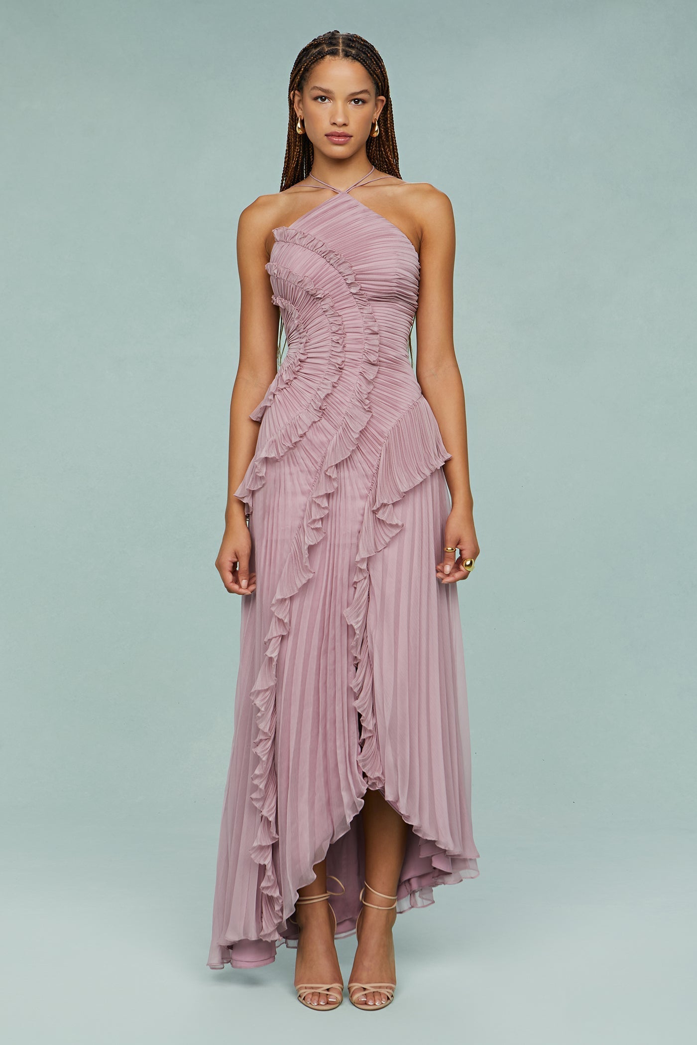 Women’s Summer Occasion Midi Dress – Pleated Halter Neck Style with Ruffle Detailing