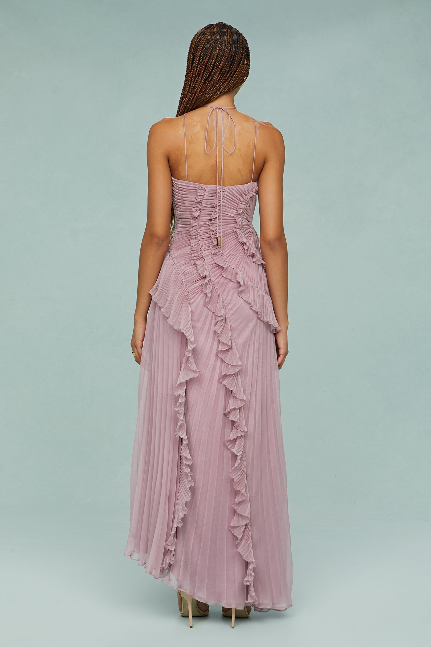 Women’s Summer Occasion Midi Dress – Pleated Halter Neck Style with Ruffle Detailing