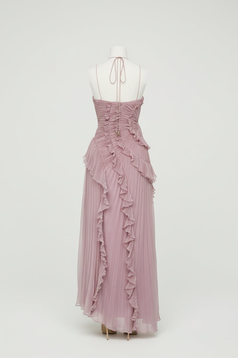 Robe midi d’été pour femme, idéale pour les grandes occasions – modèle plissé à col licou avec volants