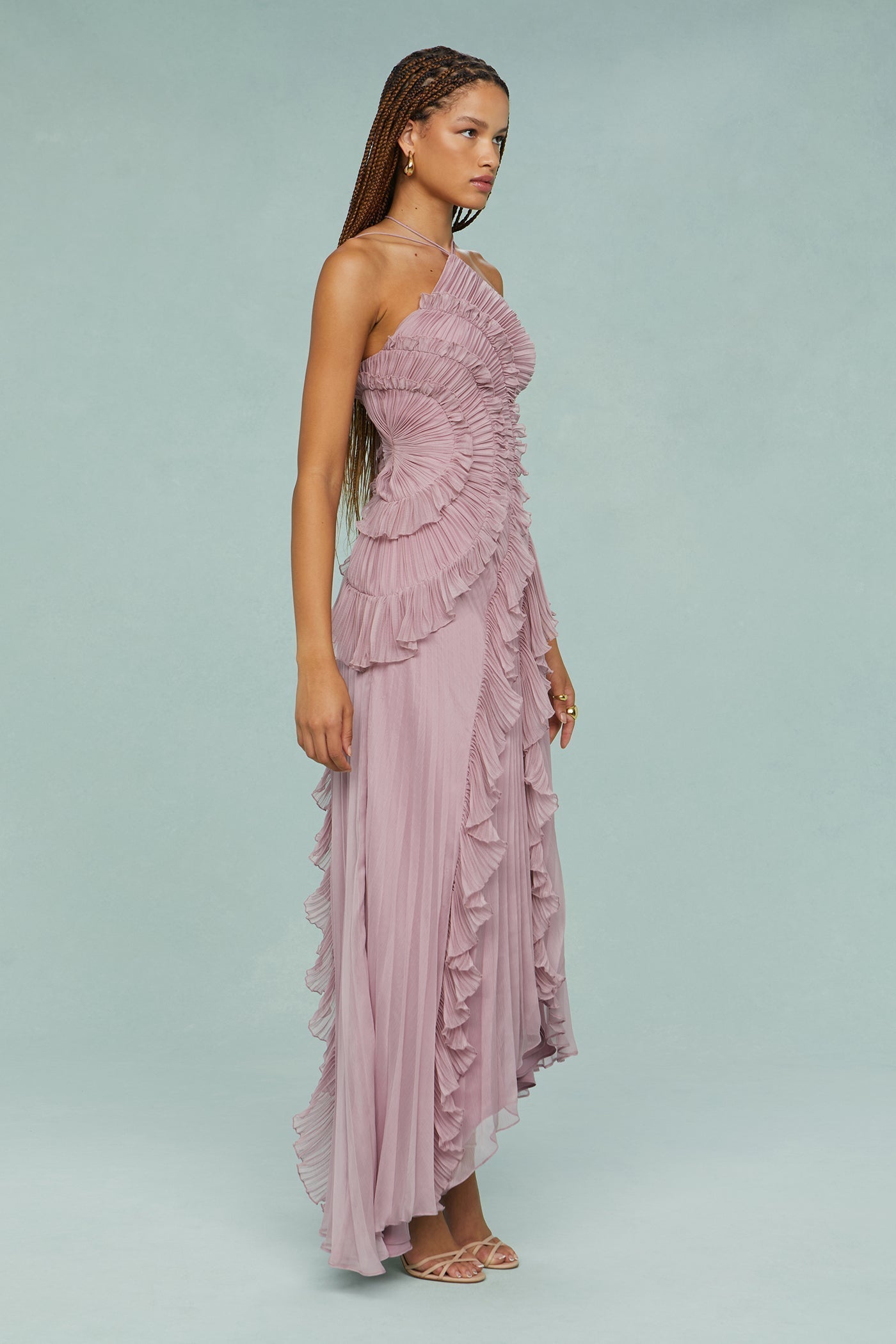 Women’s Summer Occasion Midi Dress – Pleated Halter Neck Style with Ruffle Detailing