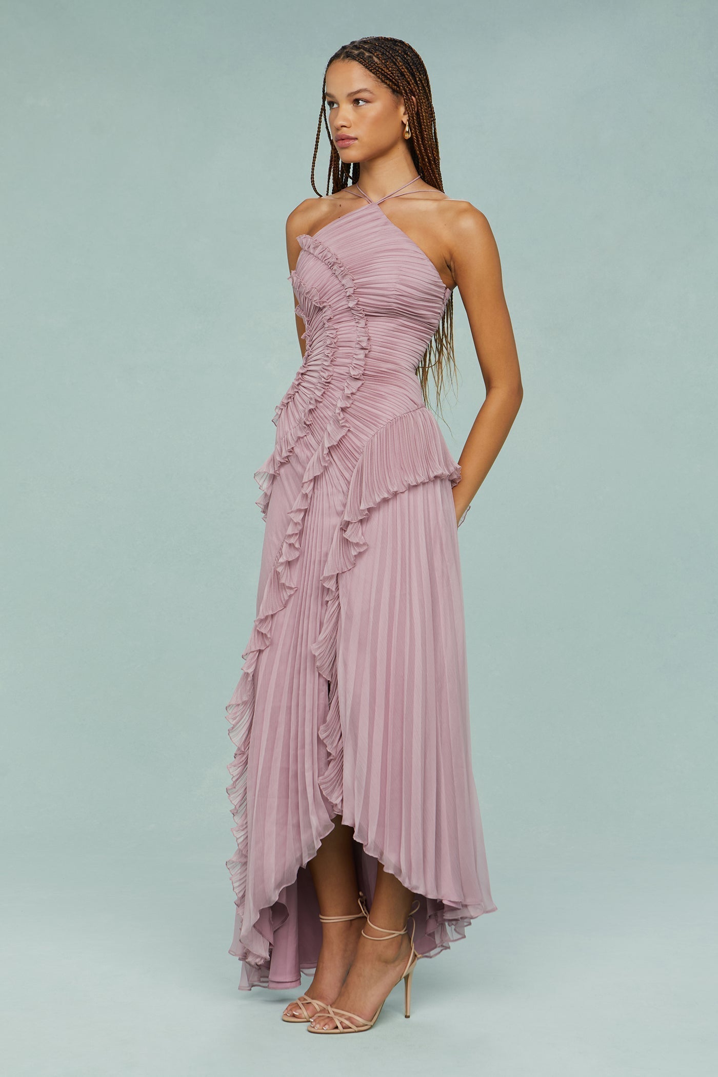 Women’s Summer Occasion Midi Dress – Pleated Halter Neck Style with Ruffle Detailing