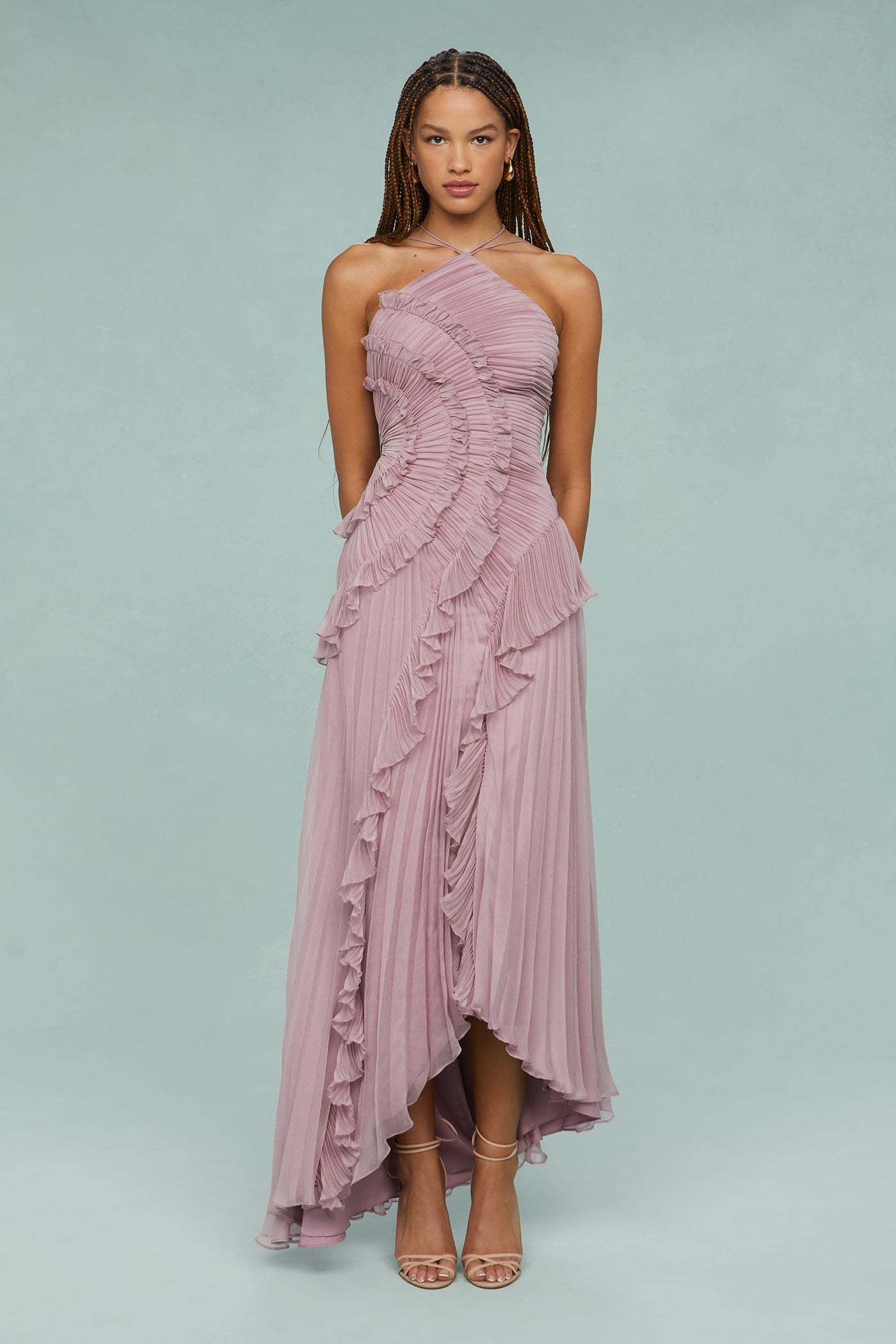 Women’s Summer Occasion Midi Dress – Pleated Halter Neck Style with Ruffle Detailing