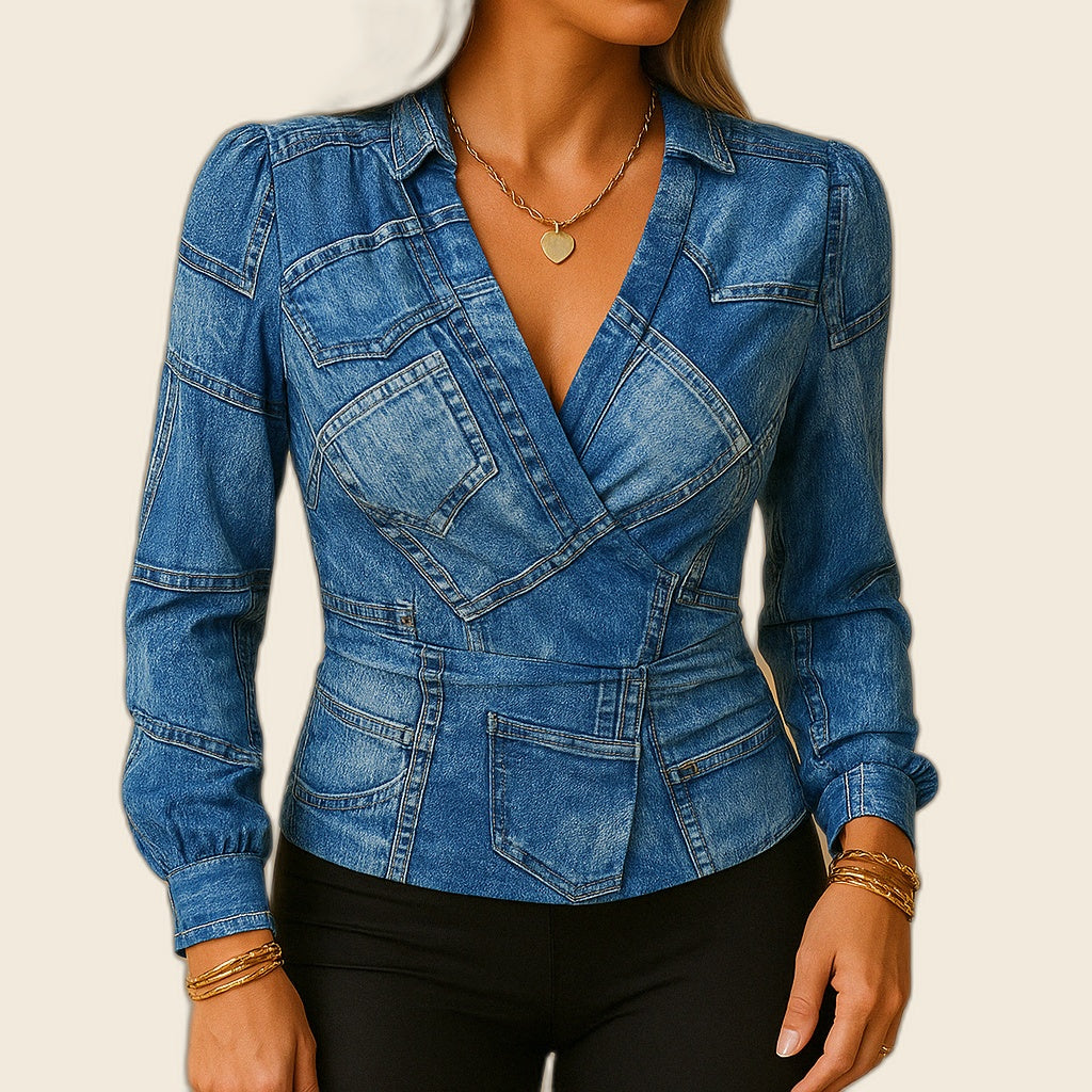 Blusa donna incrociata arricciata, top aderente a maniche lunghe