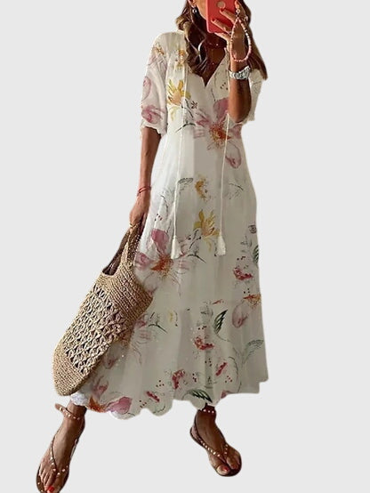 Women’s Printed Boho Maxi Dress – Relaxed V-Neck Summer Style for Holidays and Casual Occasions