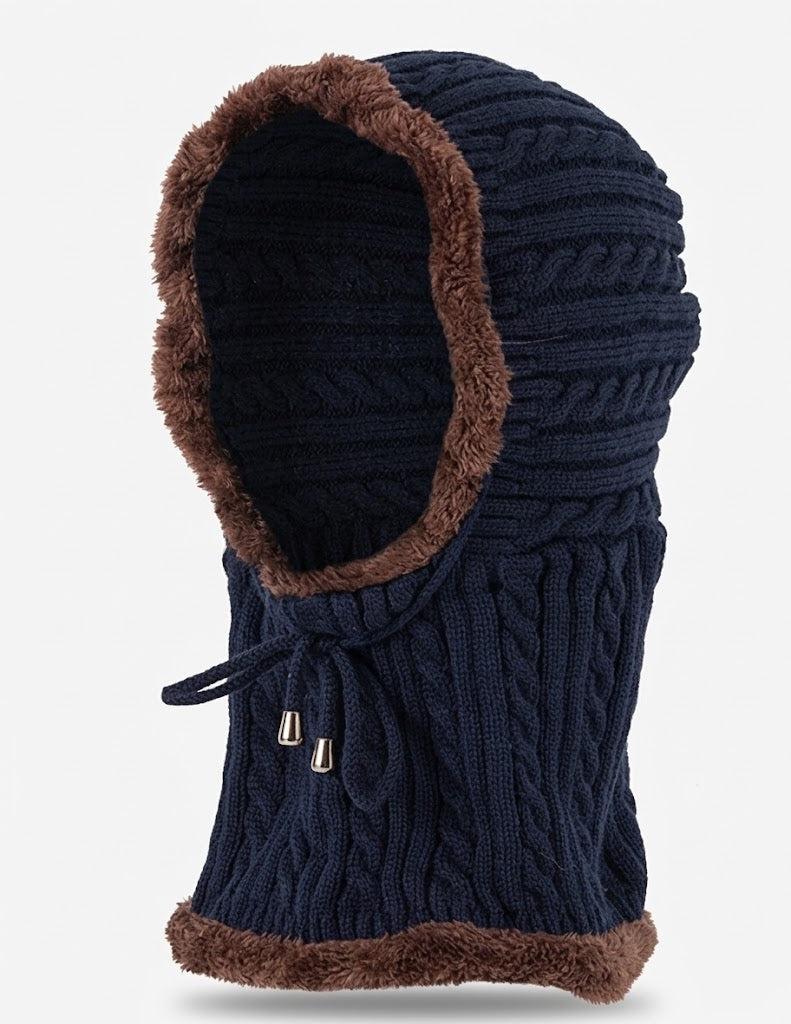 Pasamontañas de punto para mujer con bufanda y capucha - calentador de cuello de invierno cortavientos de punto trenzado con forro de felpa y cordón ajustable