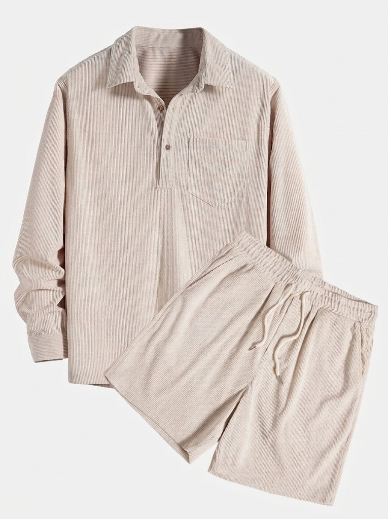 Sæt med herreskjorte med lange ærmer i fløjl og shorts – tekstureret casualtøj til overgangsperioden