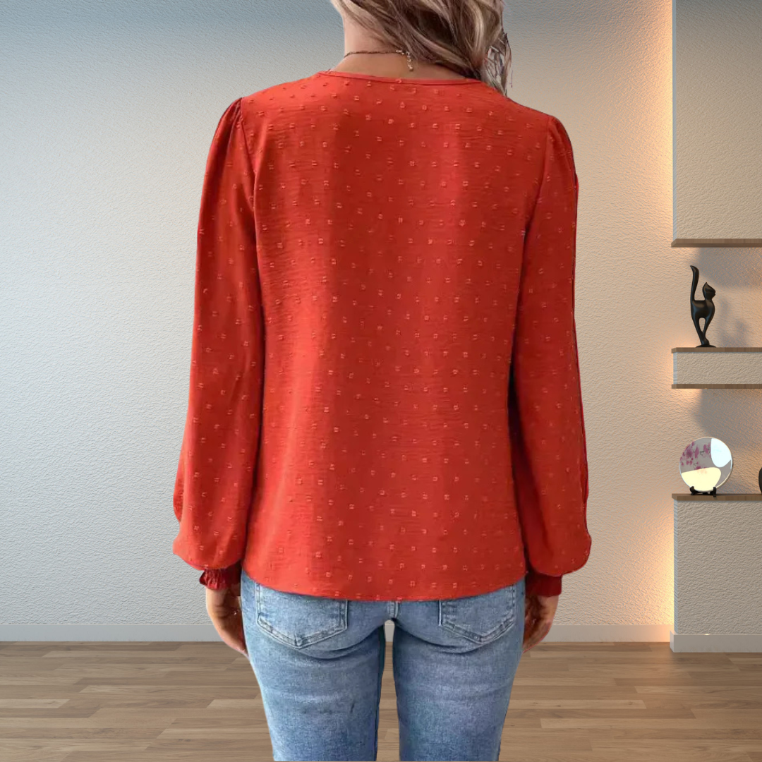 Women’s Lightweight Summer Blouse – V-Neck Top with Textured Detail and Blouson Sleeves