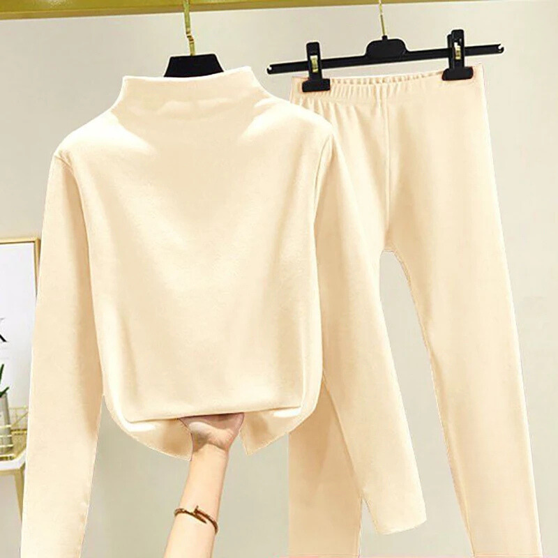 Damesfleece-top met hoge hals en broek - Zachte, relaxed tweedelige outfit voor herfst en winter
