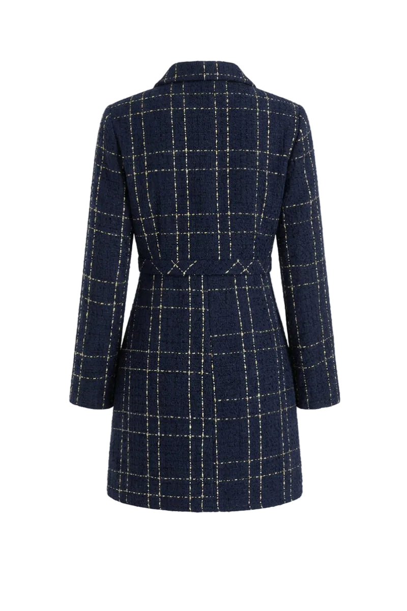 Set elegant din tweed pentru femei, format din două piese - sacou cambrat scurt, cu nasturi în față, și rochie mini mulată pentru ocazii elegante de toamnă și iarnă