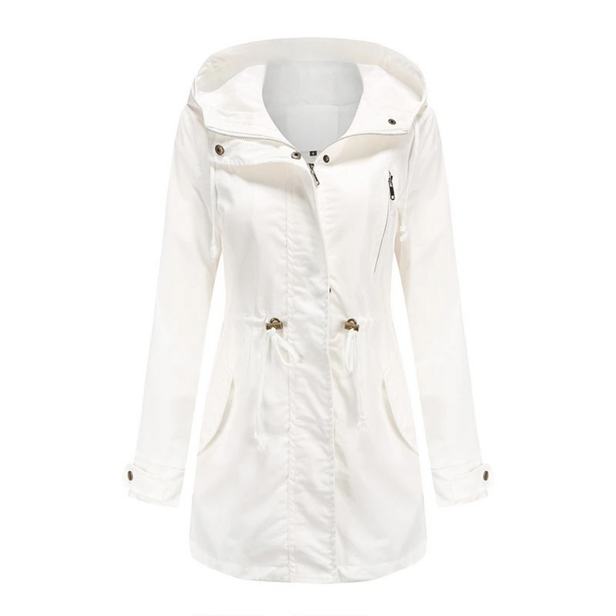 Women’s Hooded Drawstring Utility Parka – Mid-Length Zip-Front Jacket with Adjustable Waist and Practical Pockets