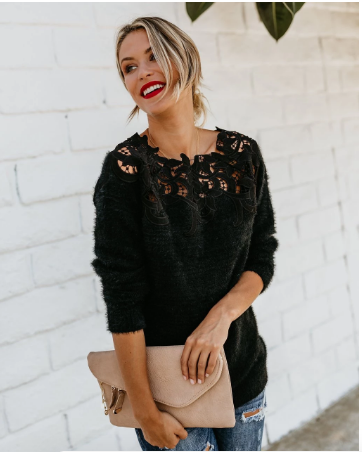 Pulover tricotat pentru femei cu detalii din dantelă, decolteu floral elegant, pulover moale și ușor