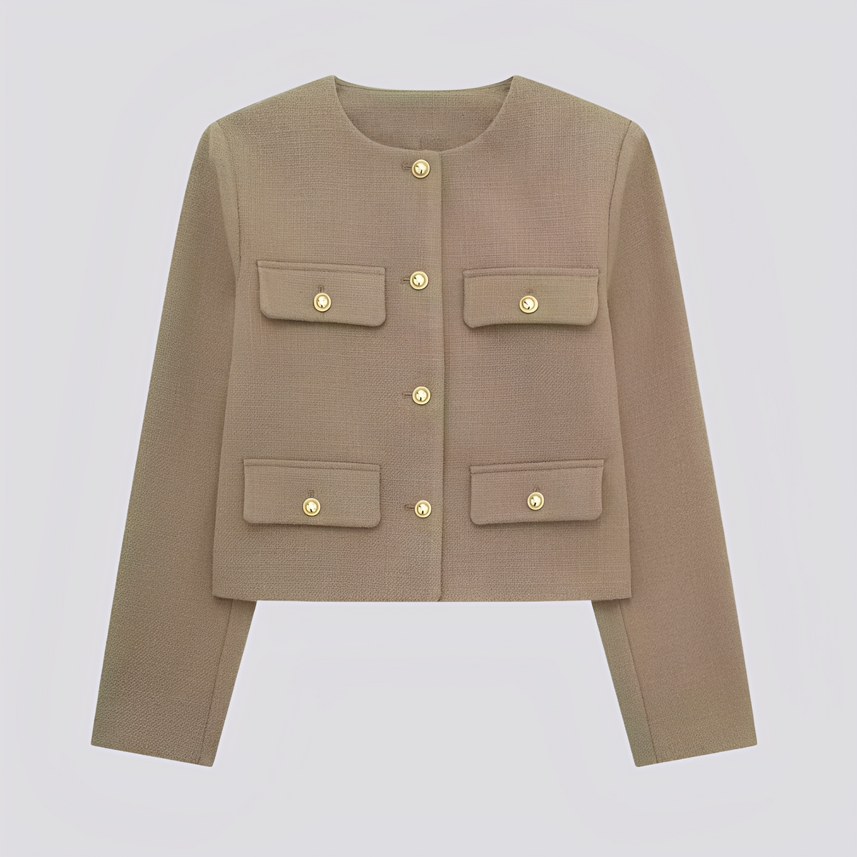 Kort damesjasje zonder kraag met decoratieve knopen en klepzakken - elegante getailleerde laag voor nette casual outfits
