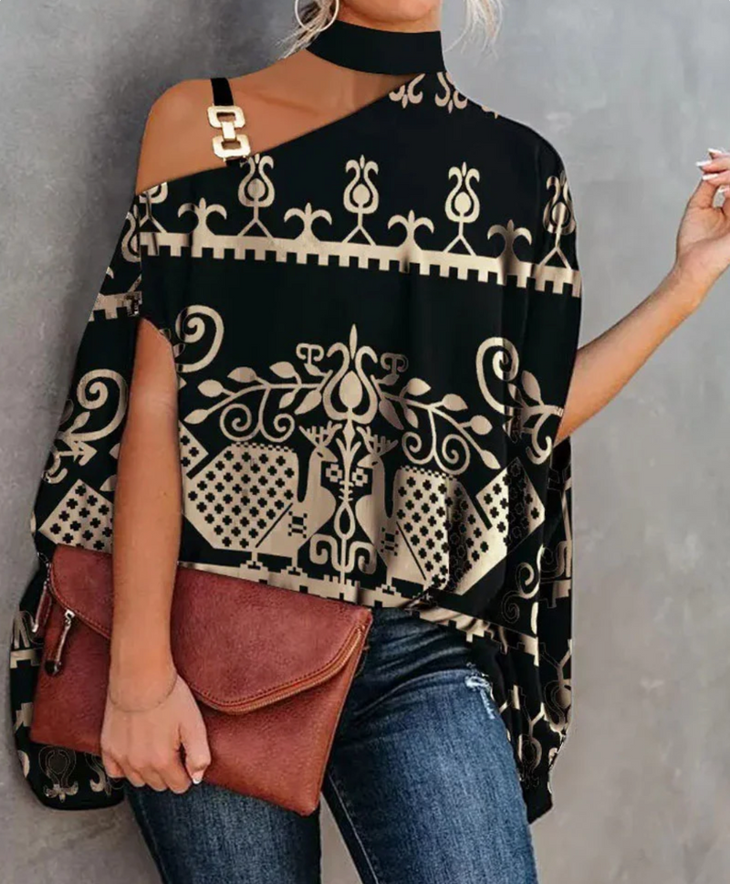 Asymmetrisk choker-top til kvinder – printet draperet bluse til fester og bybrug