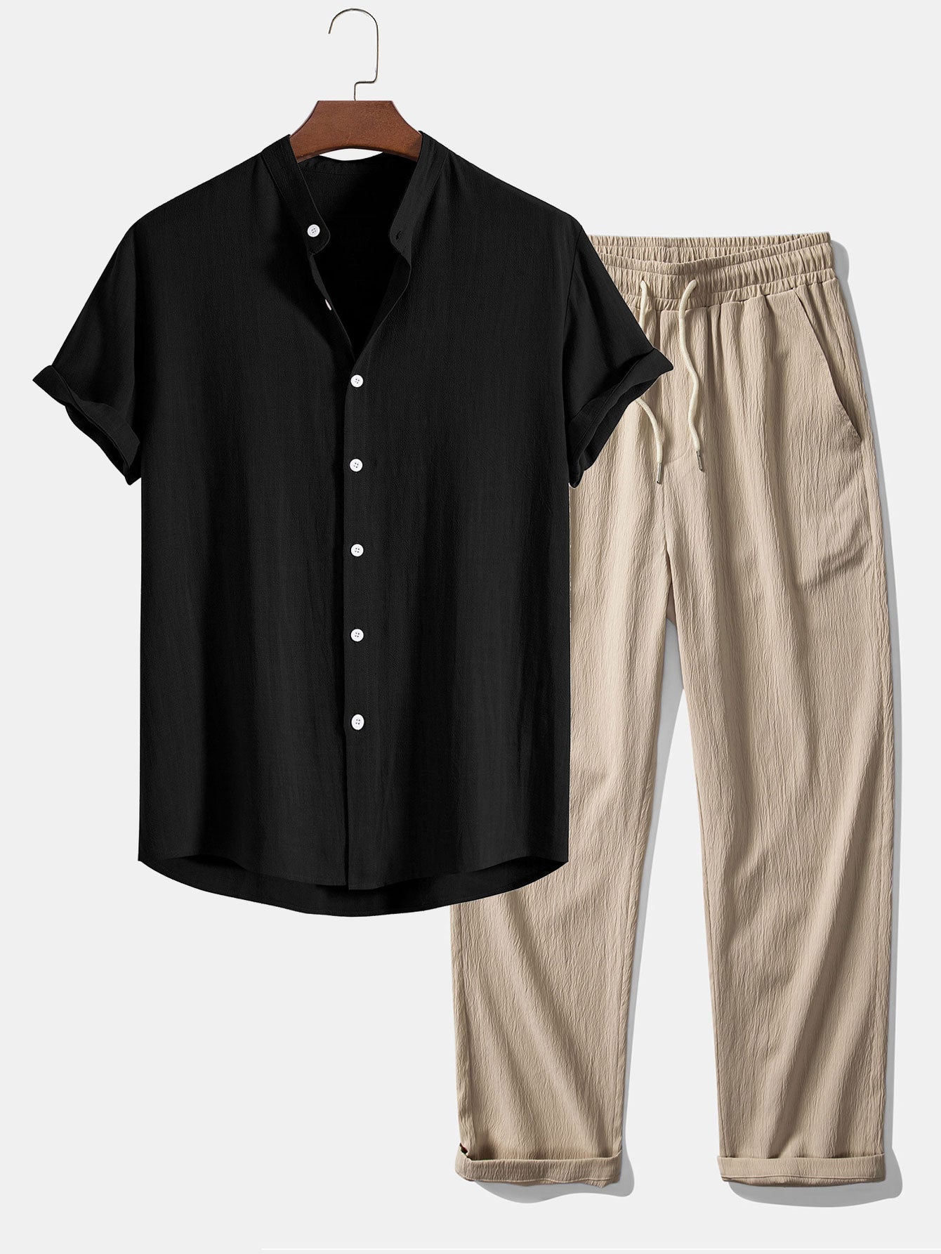 Men’s Linen Blend Summer Co-Ord – Stand Collar Shirt with Straight-Leg Trousers