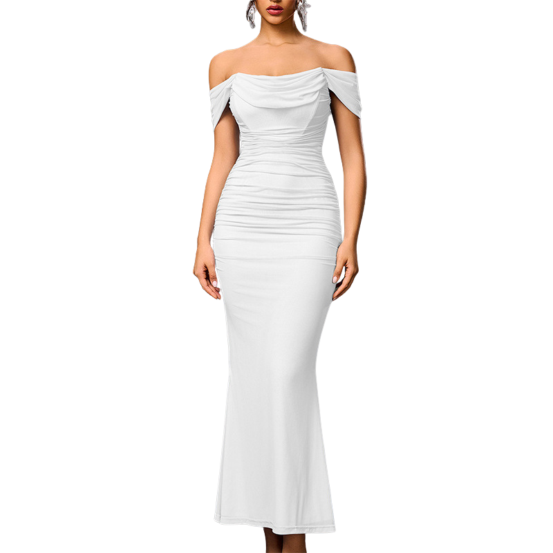 Schulterfreies Damen-Maxikleid mit Raffungen - figurbetonter Abendstil für Partys, formelle Anlässe und romantische Abende
