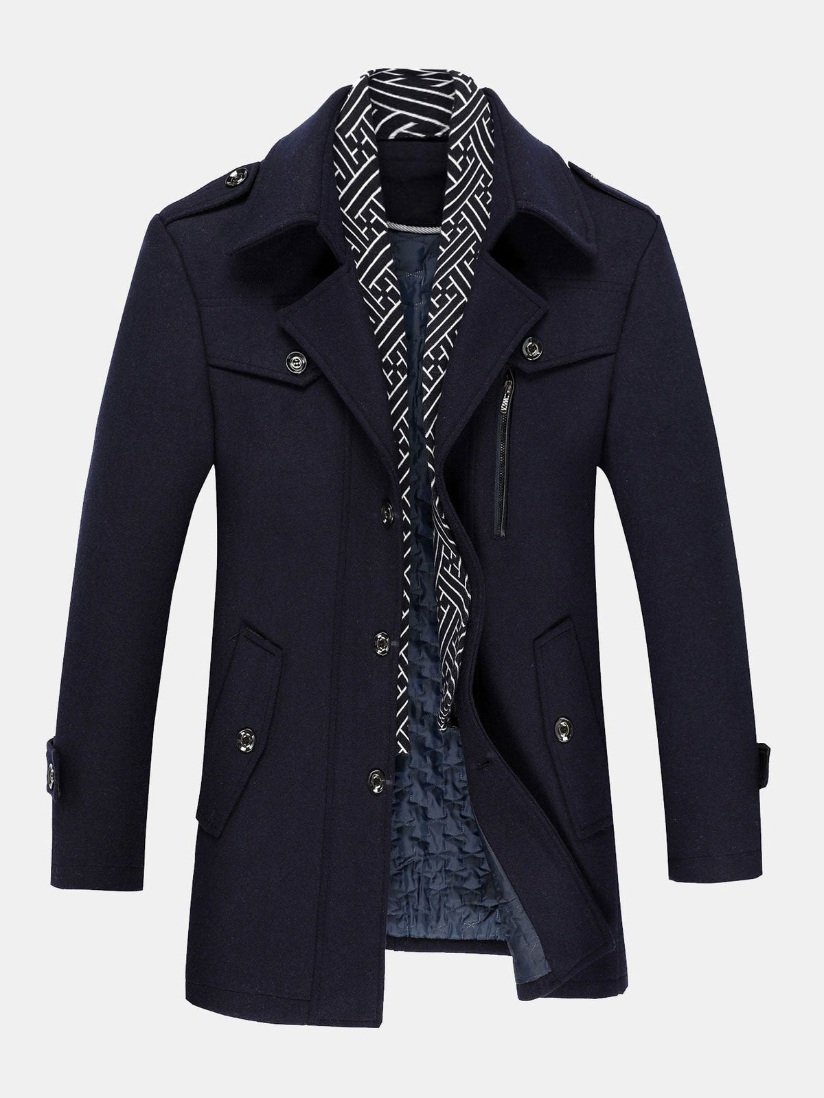 Abrigo acolchado de mezcla de lana para hombre con cuello de bufanda desmontable - Abrigo de invierno entallado de doble capa para vestir elegante e informal