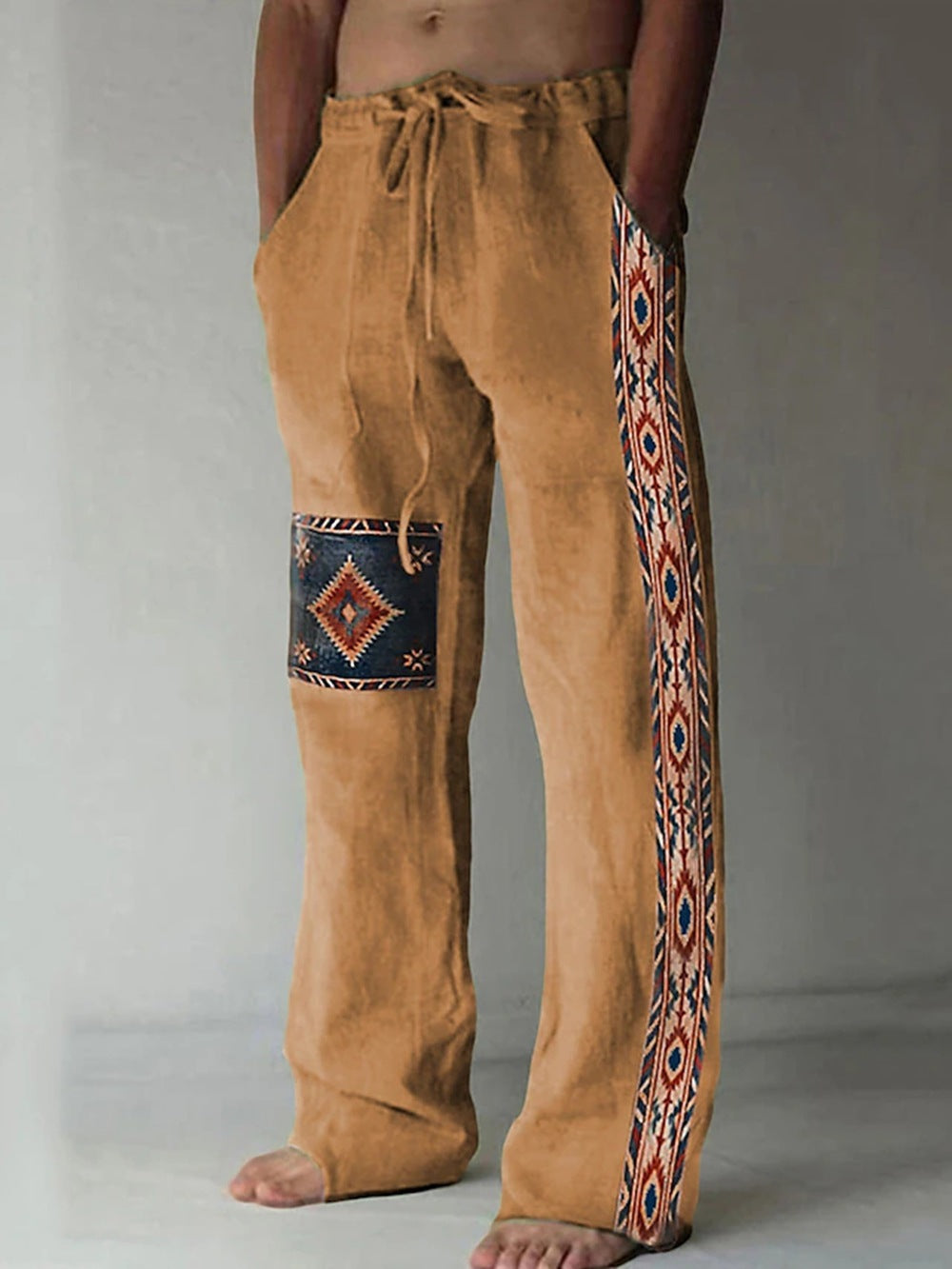 Men’s Patchwork Cotton-Linen Trousers – Relaxed Drawstring Pants for Casual Summer Wear