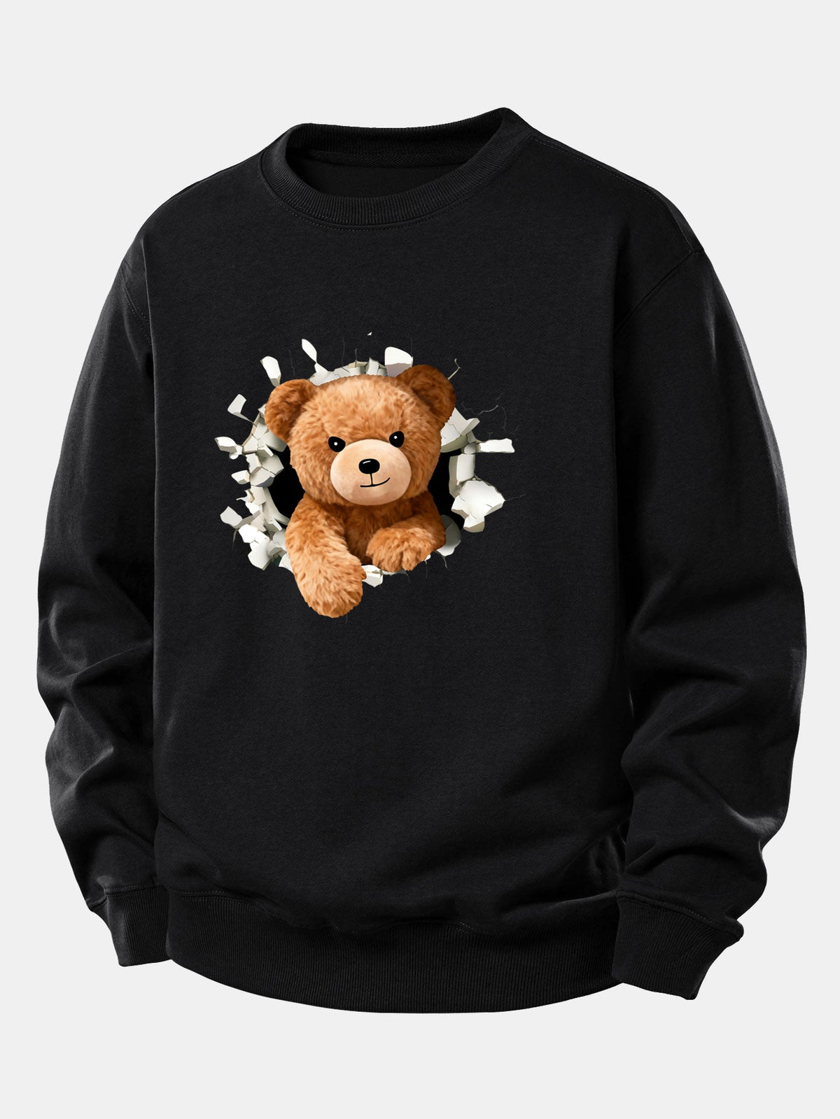 Men's Teddy Bear Breaking Through Wall Sweatshirt – Relaxed Fit Cotton Blend Crew Neck Pullover with Playful Graphic for Casual Streetwear