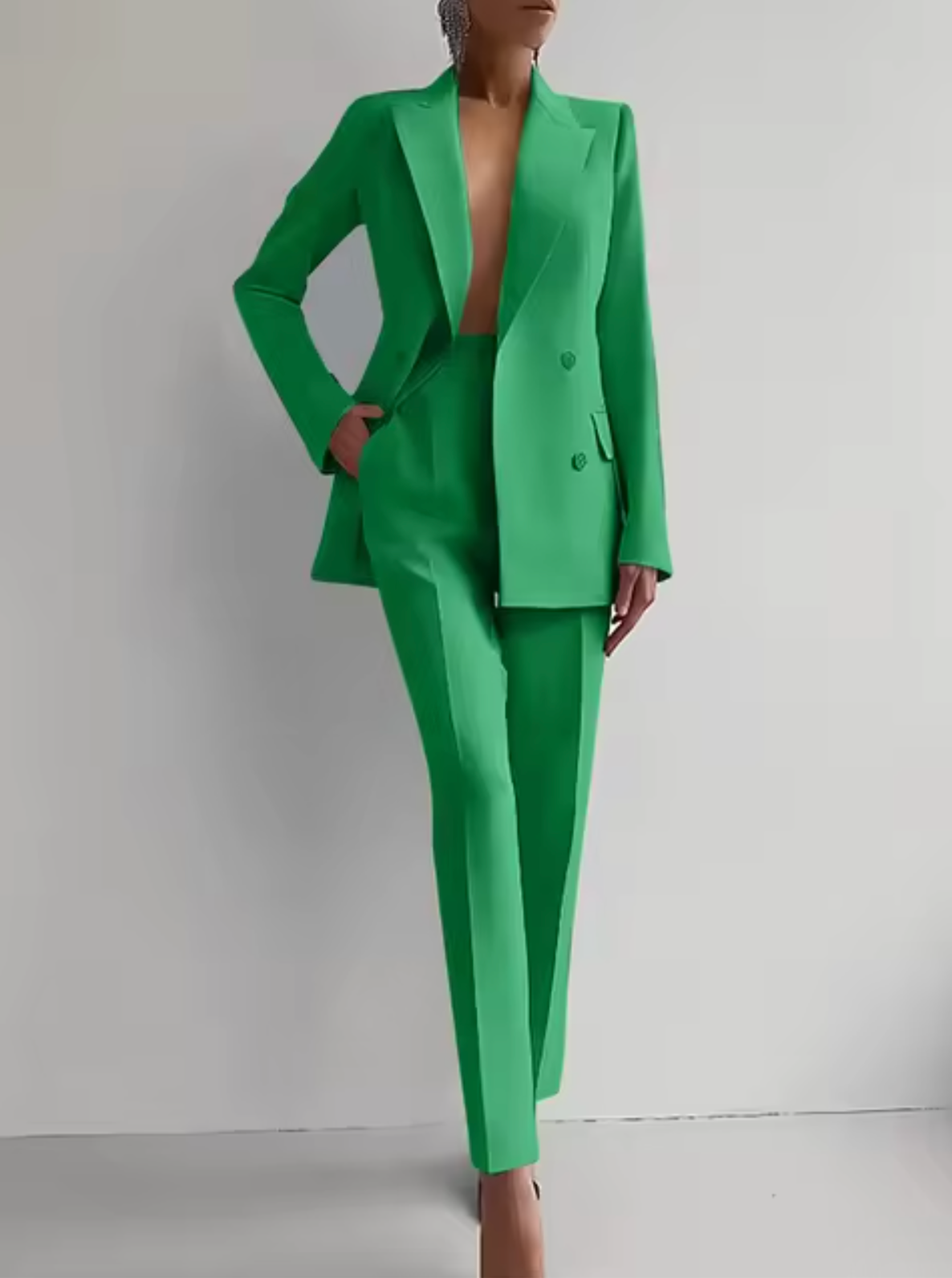 Fato feminino de duas peças com blazer e calças de corte elegante – Conjunto de negócios cintado, de abotoadura dupla, com calças de cintura subida para reuniões de trabalho e eventos formais