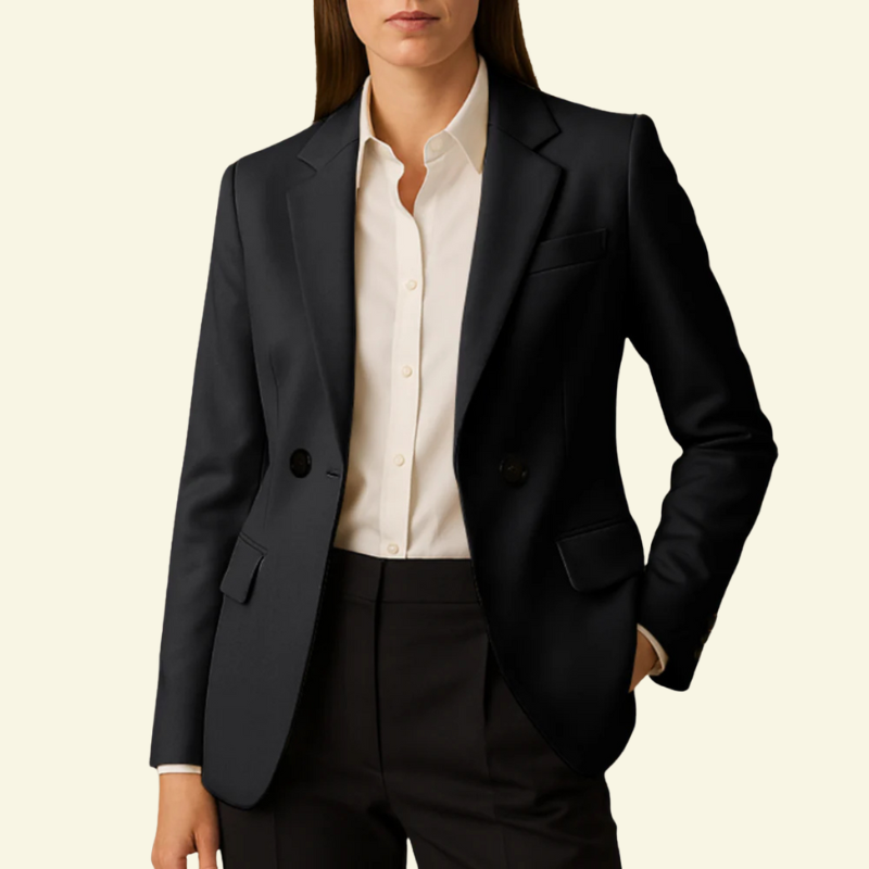 Blazer cintado para mulher, com lapela entalhada, botões decorativos e bolsos com aba - casaco elegante e estruturado para o escritório e ocasiões smart casual