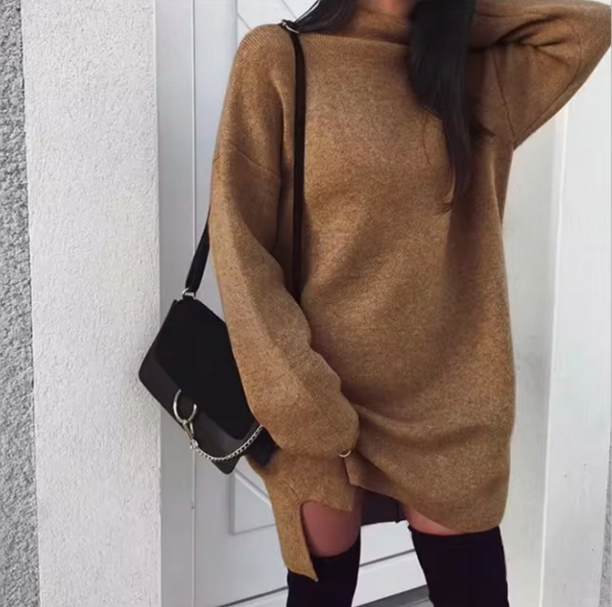 Robe-pull en laine et cachemire pour femme, avec col montant et fentes latérales – Style mini ample en maille pour une tenue douillette en automne et en hiver