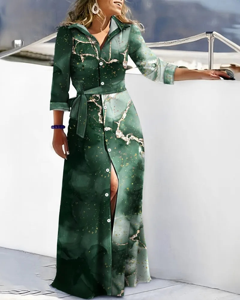 Vestido camisero estampado para mujer con cinturón, manga larga, largo midi