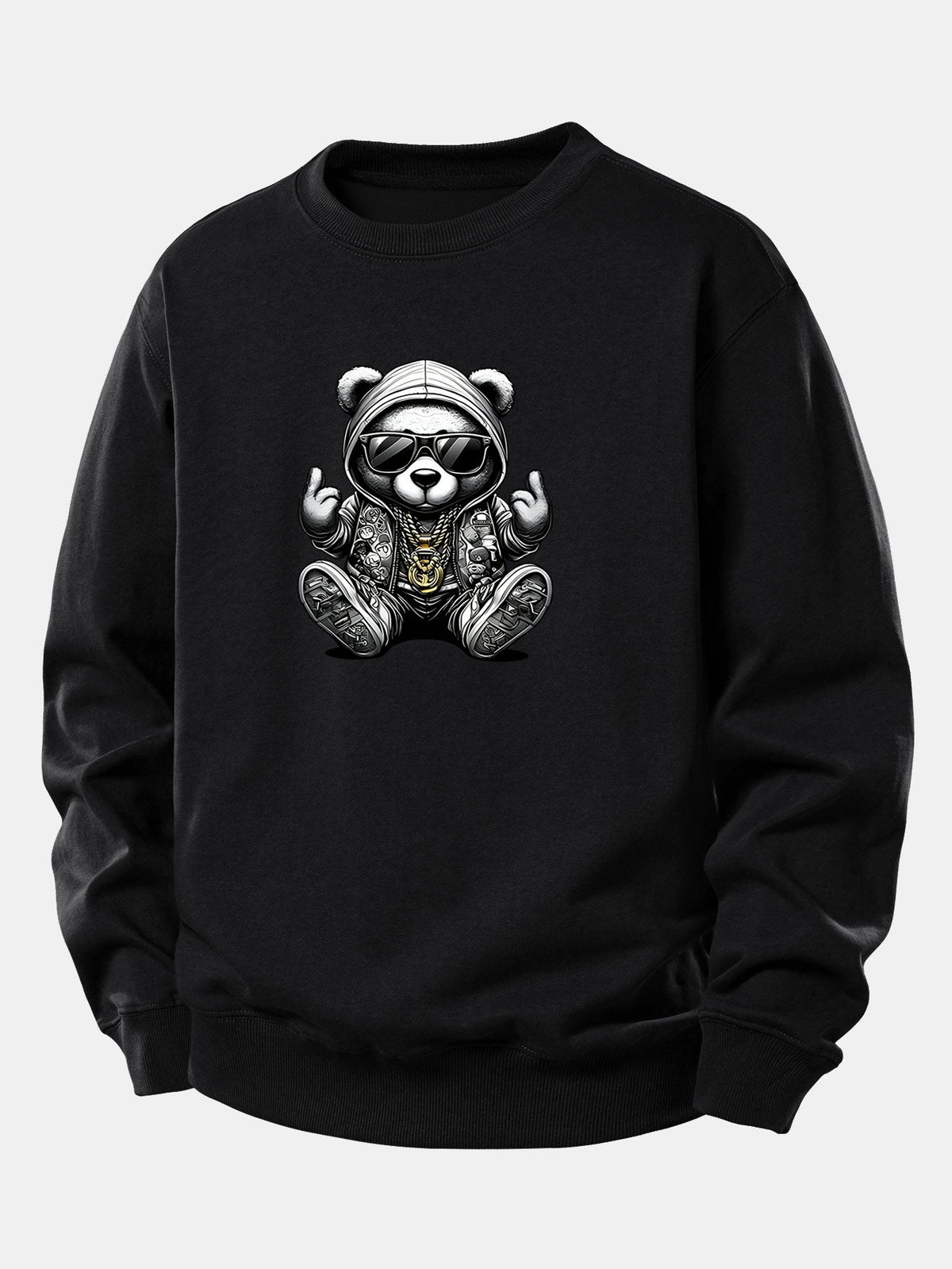 Men's Hip Hop Teddy Bear Sweatshirt – Relaxed Fit Cotton Blend Pullover with Hooded Bear Graphic and Urban Streetwear Style