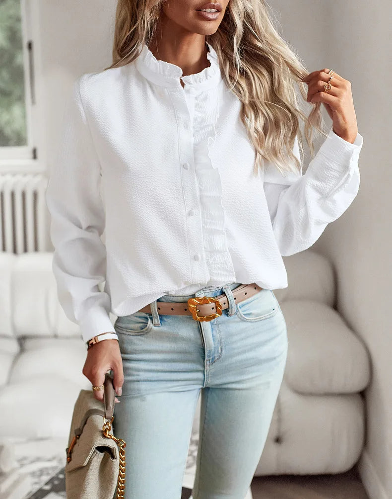 Women’s Ruffle-Trim Button Blouse – Textured Long-Sleeve Style for Office and Everyday Wear