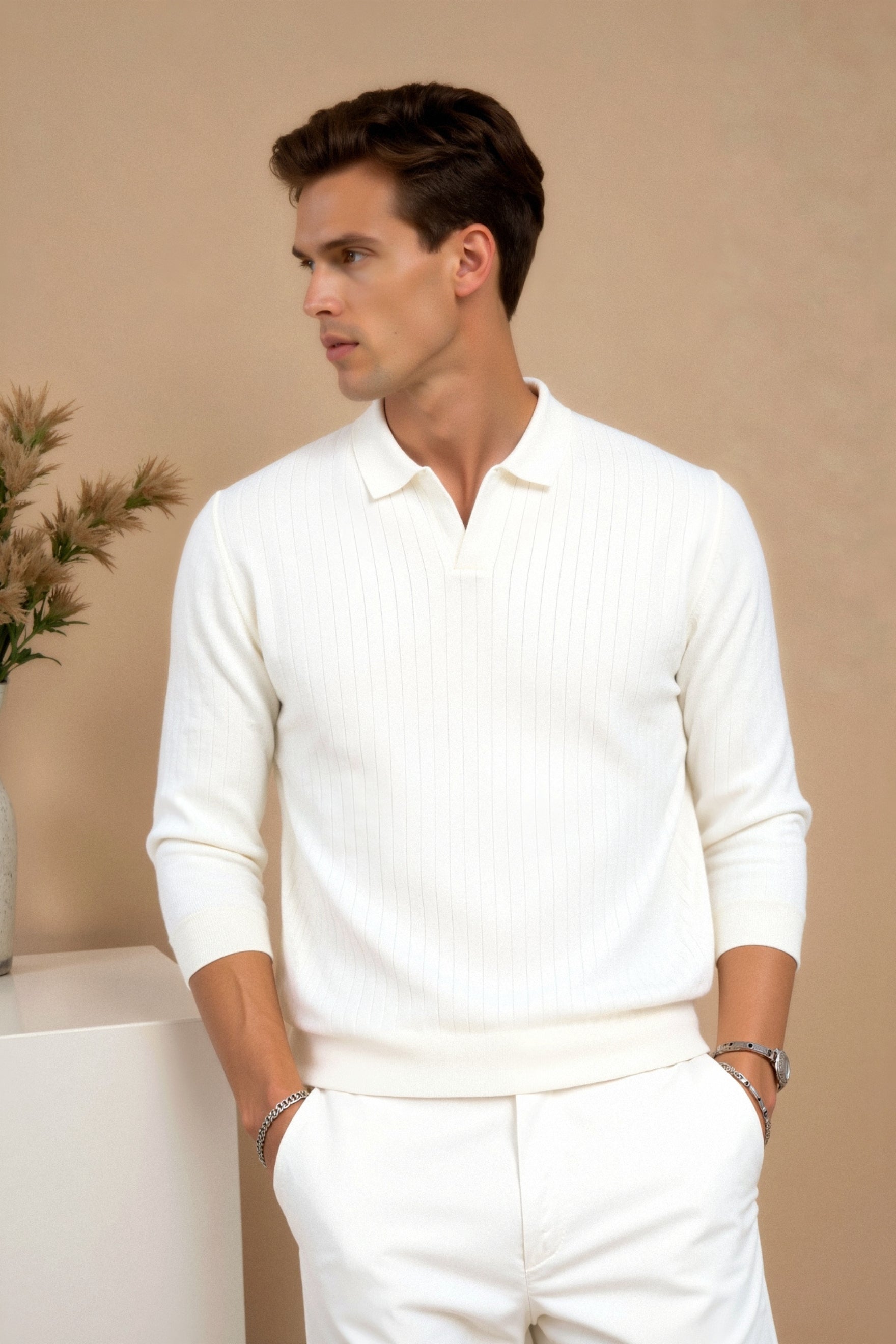 Men’s Ribbed Knit Polo Long Sleeve Smart Casual Shirt