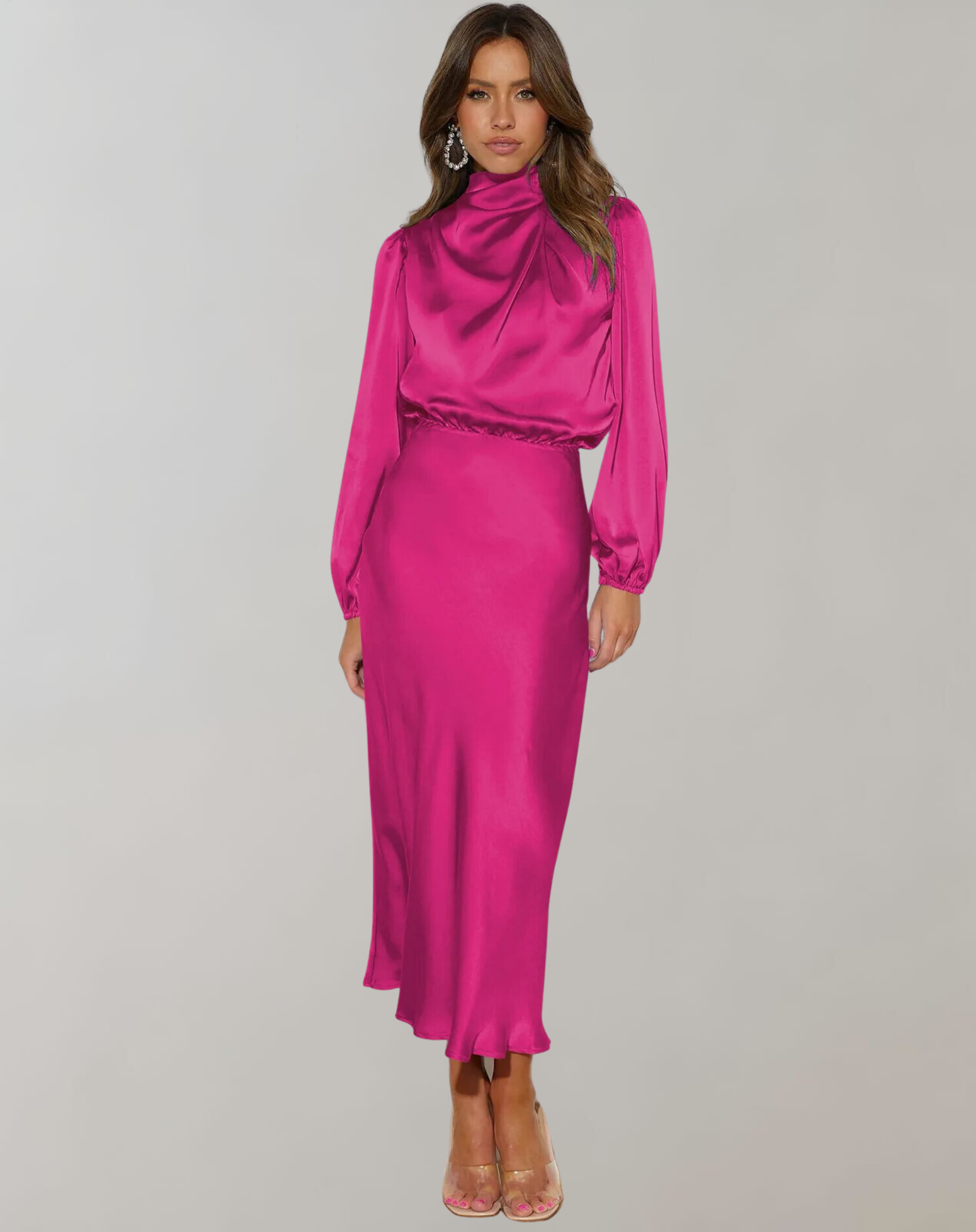 Rochie midi din satin pentru femei, cu guler înalt și mâneci lungi