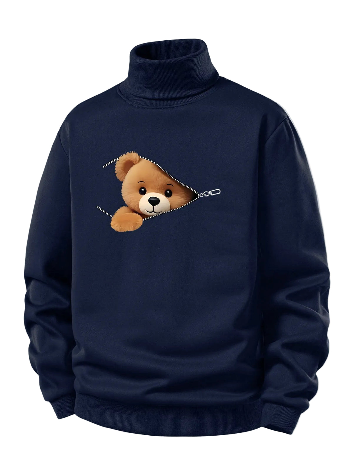 Bluză sport pentru bărbați cu interior căptușit cu fleece pufos, guler înalt rulat și imprimeu cu ursuleț cu fermoar - croială normală, călduroasă, stil casual, pentru toamnă și iarnă
