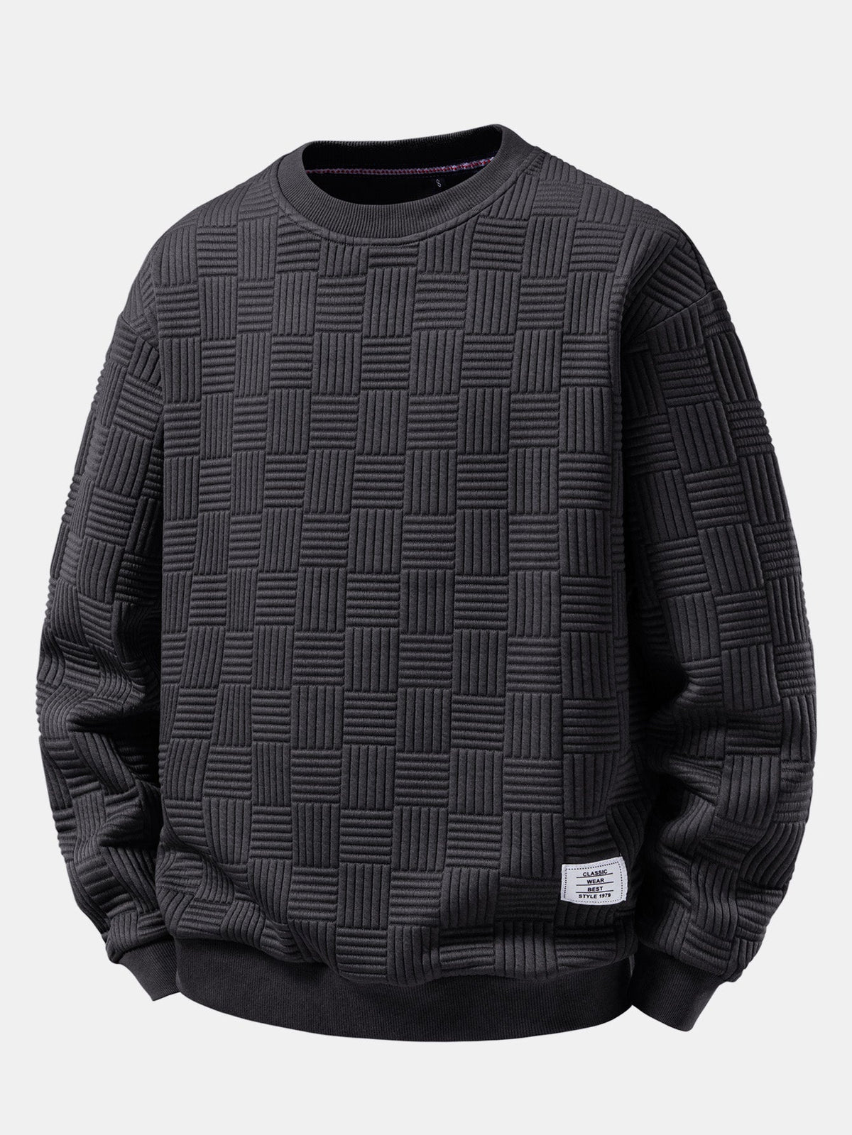 Men's Geometric Jacquard Sweatshirt – Relaxed Fit Raised Basketweave Texture Pullover with Crew Neck and Ribbed Trims