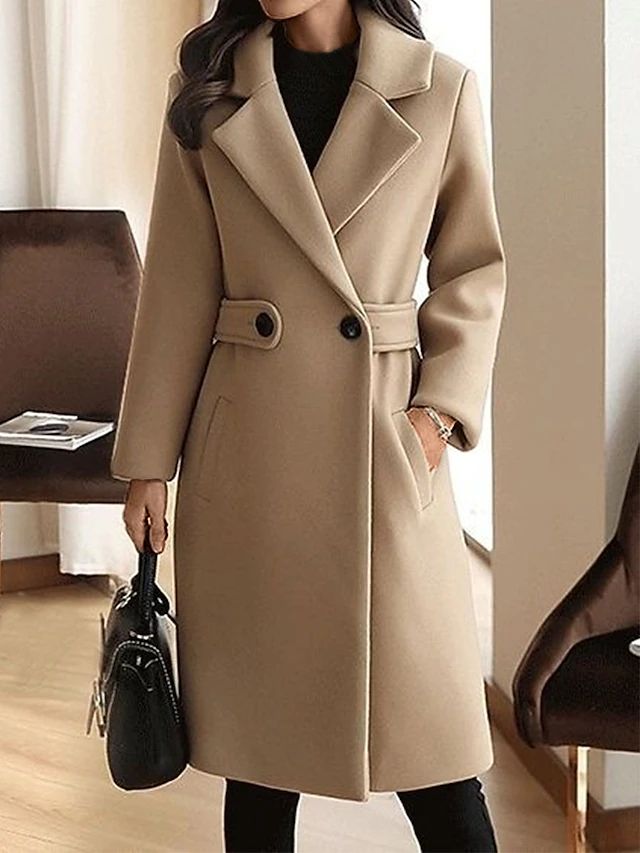 Manteau d’hiver ceinturé en laine pour femme – Superposition longue et ajustée pour le bureau et une tenue élégante par temps froid