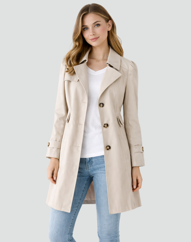 Dame skræddersyet trenchcoat med klassisk revers og mellemlang længde