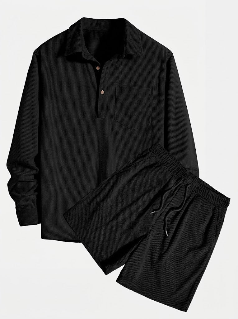 Sæt med herreskjorte med lange ærmer i fløjl og shorts – tekstureret casualtøj til overgangsperioden