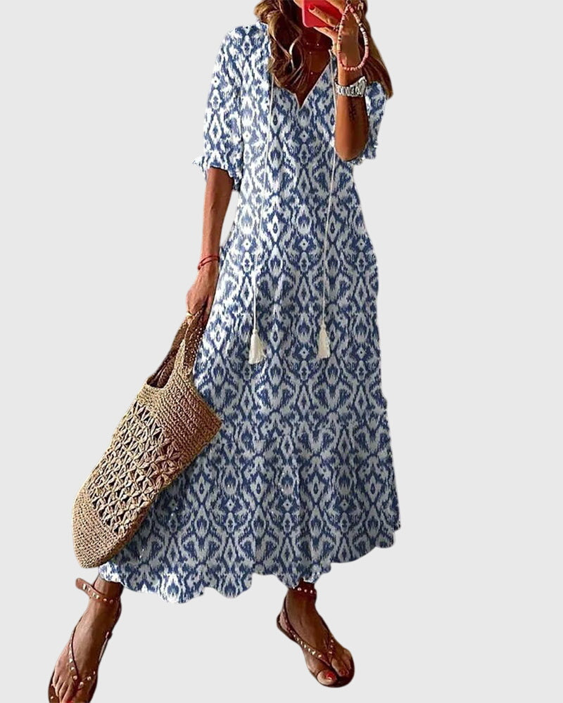 Women’s Printed Boho Maxi Dress – Relaxed V-Neck Summer Style for Holidays and Casual Occasions