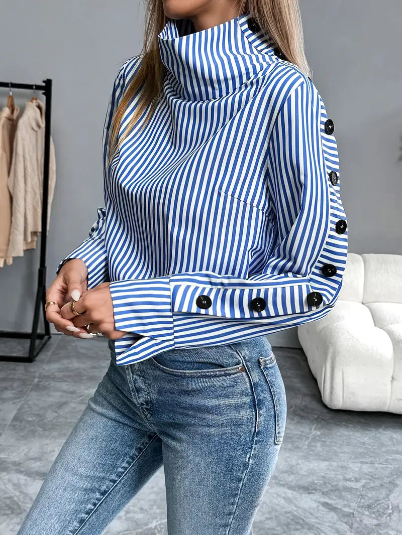 Women’s Striped Funnel-Neck Blouse – Button-Detail Long-Sleeve Style for Smart Casual Wear