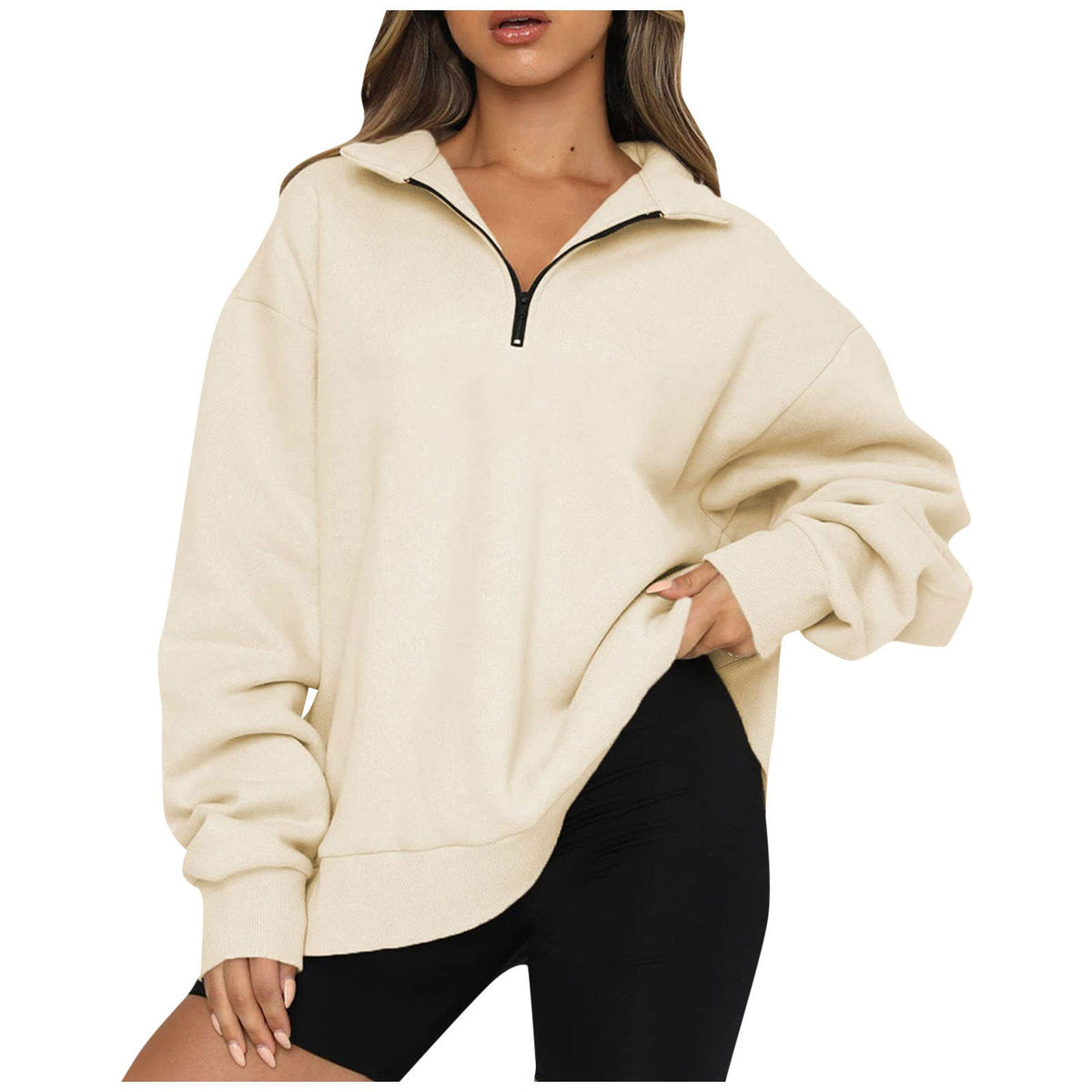Sudadera extragrande para mujer con cuello y media cremallera – Prenda holgada de manga larga para llevar a capas a diario