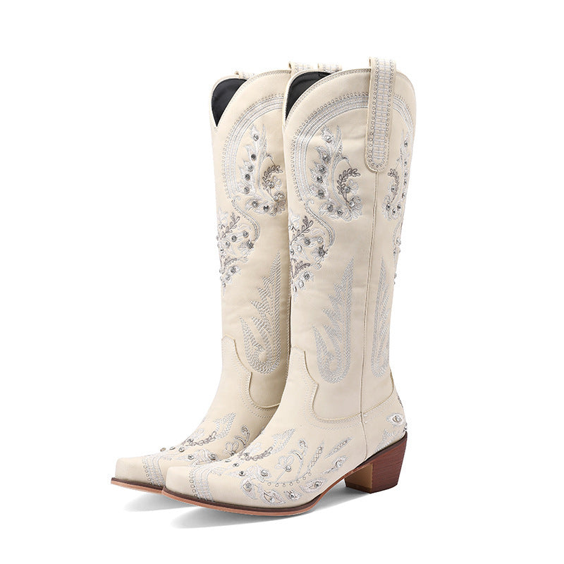 Women’s Embroidered Knee-High Cowboy Boots with Side Zips – Retro Western Style with Block Heels for Festivals and Weekend Outfits