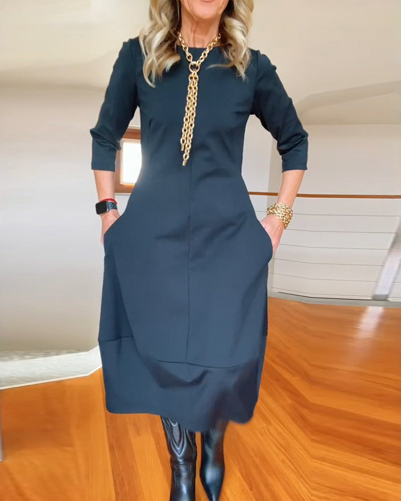 Abito Maxi da Donna con Tasche, Maniche a Tre Quarti, Linea A