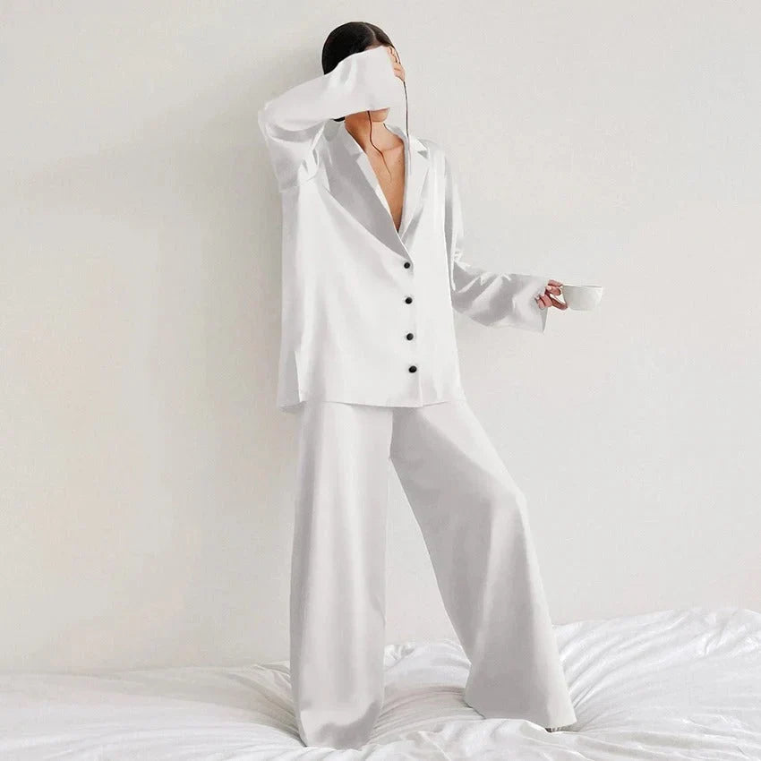 Women’s Relaxed Pyjama Co-Ord Set – Button-Up Long-Sleeve Shirt with Wide-Leg Trousers for Sleep and Lounge Wear