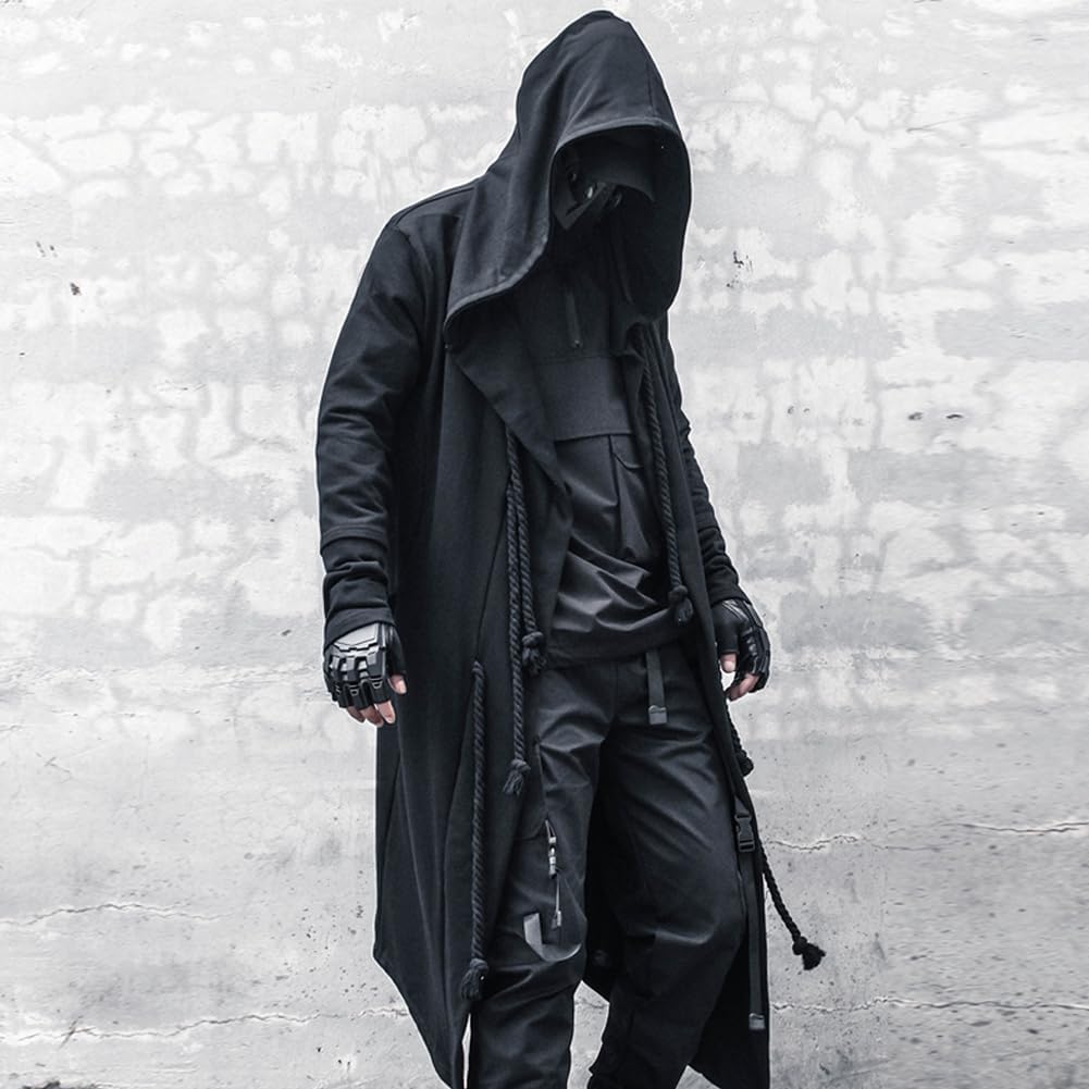 Pánsky gotický dlhý kardigán s kapucňou a splývavým predným dielom - asymetrický plášťový štýl pre alternatívnu streetwear módu